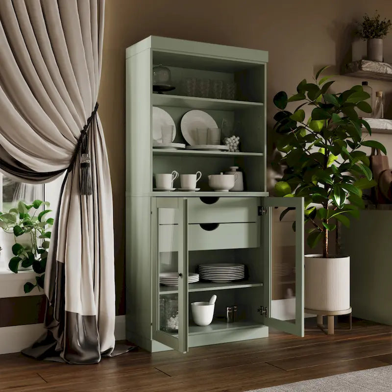 Armoire de cuisine 100 % en bois massif avec 2 portes en verre transparent ou en bois massif et organiseur à 2 tiroirs par