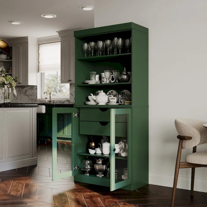 Armoire de cuisine 100 % en bois massif avec 2 portes en verre transparent ou en bois massif et organiseur à 2 tiroirs par
