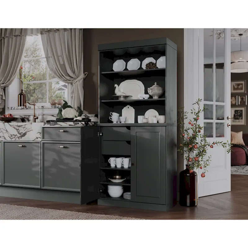 Armoire de cuisine 100 % en bois massif avec 2 portes en verre transparent ou en bois massif et organiseur à 2 tiroirs par