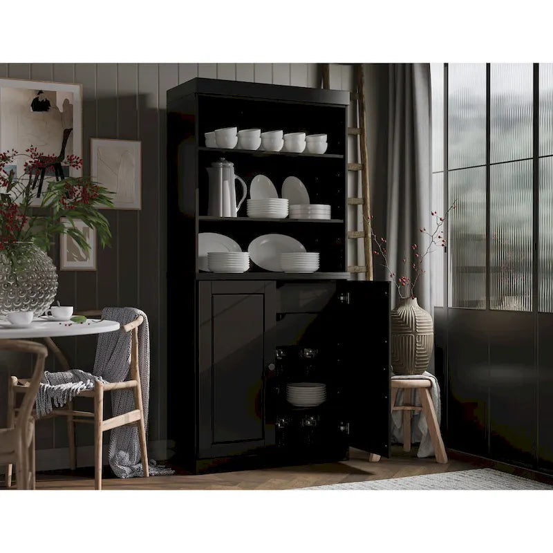 Armoire de cuisine 100 % en bois massif avec 2 portes en verre transparent ou en bois massif et organiseur à 2 tiroirs par