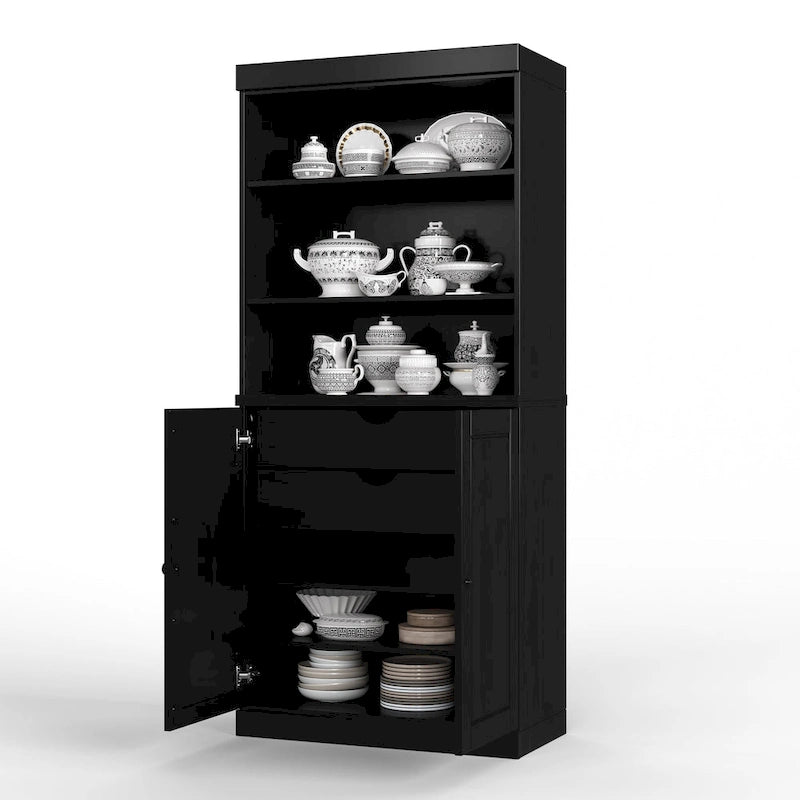 Armoire de cuisine 100 % en bois massif avec 2 portes en verre transparent ou en bois massif et organiseur à 2 tiroirs par