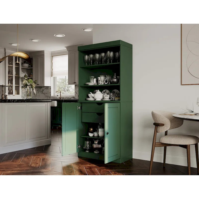 Armoire de cuisine 100 % en bois massif avec 2 portes en verre transparent ou en bois massif et organiseur à 2 tiroirs par