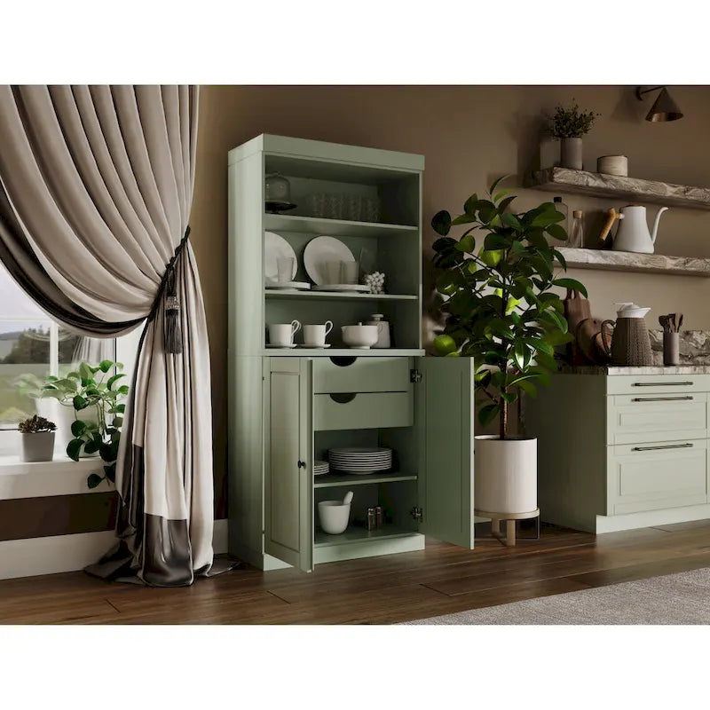 Armoire de cuisine 100 % en bois massif avec 2 portes en verre transparent ou en bois massif et organiseur à 2 tiroirs par