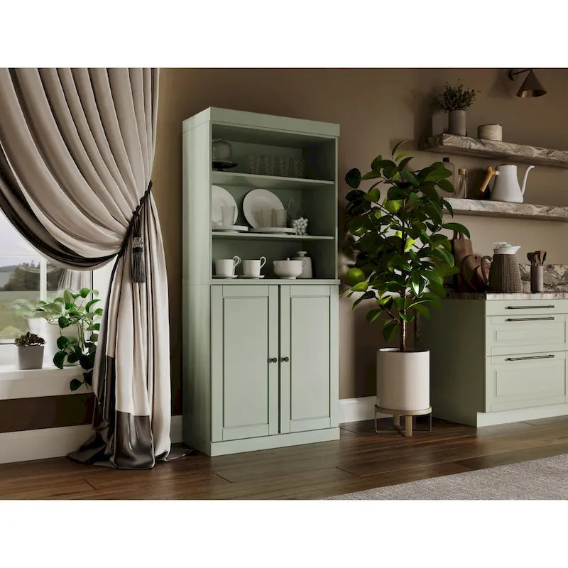 Armoire de cuisine 100 % en bois massif avec 2 portes en verre transparent ou en bois massif et organiseur à 2 tiroirs par