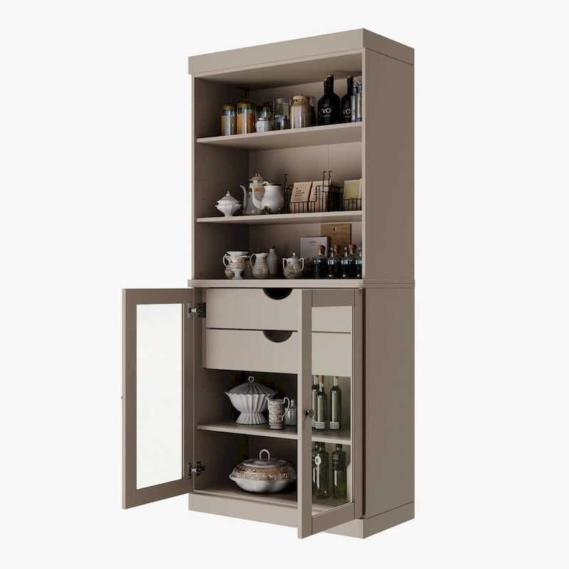 Armoire de cuisine 100 % en bois massif avec 2 portes en verre transparent ou en bois massif et organiseur à 2 tiroirs par
