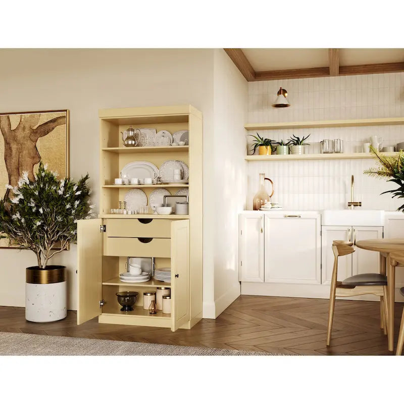 Armoire de cuisine 100 % en bois massif avec 2 portes en verre transparent ou en bois massif et organiseur à 2 tiroirs par