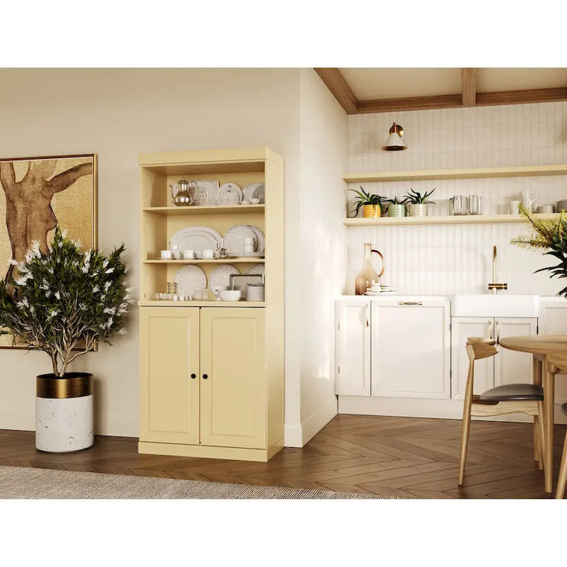 Armoire de cuisine 100 % en bois massif avec 2 portes en verre transparent ou en bois massif et organiseur à 2 tiroirs par