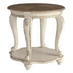 Round Wooden End Table with Open Bottom Shelf, Brown and Antique White