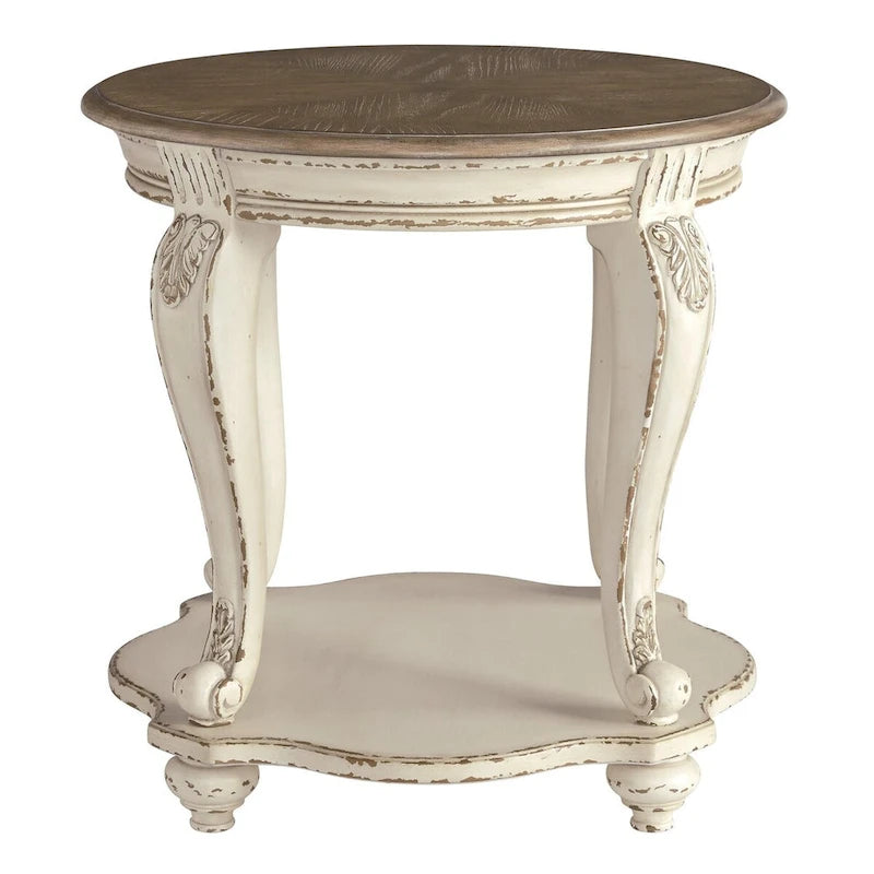 Table d'appoint ronde en bois avec étagère inférieure ouverte, marron et blanc antique