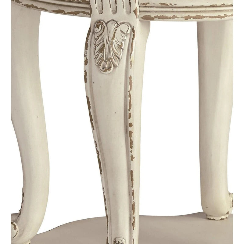 Table d'appoint ronde en bois avec étagère inférieure ouverte, marron et blanc antique