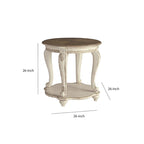 Table d'appoint ronde en bois avec étagère inférieure ouverte, marron et blanc antique