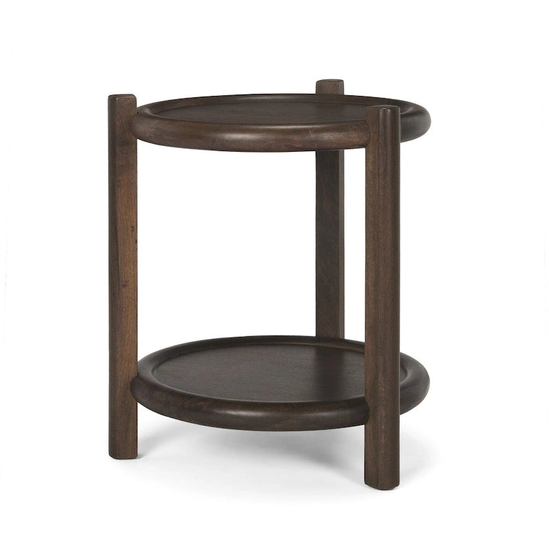 Table d'appoint ronde en bois brun foncé avec étagère inférieure - 23.5L x 23.5W x 26.0H