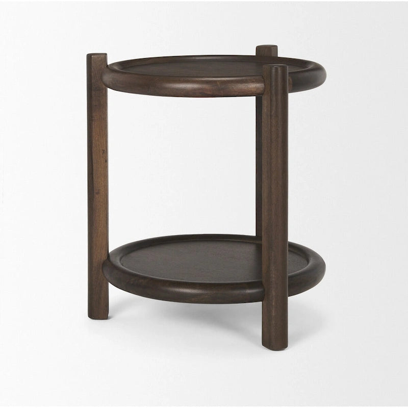 Table d'appoint ronde en bois brun foncé avec étagère inférieure - 23.5L x 23.5W x 26.0H