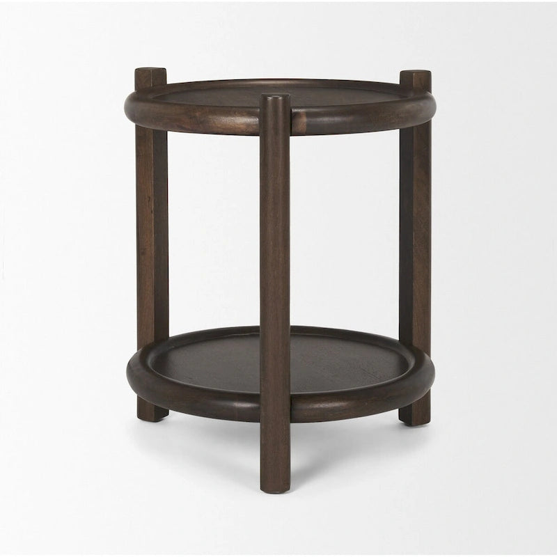 Table d'appoint ronde en bois brun foncé avec étagère inférieure - 23.5L x 23.5W x 26.0H