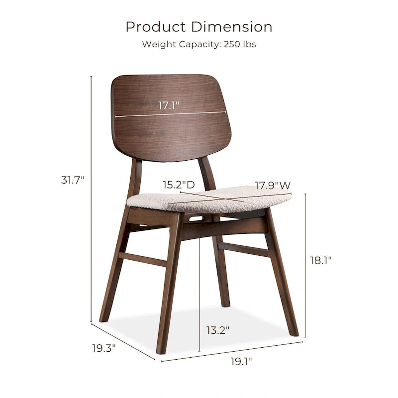 Beau | Lot de 2 chaises de salle à manger en noyer de style milieu de siècle avec assises en tissu bouclé