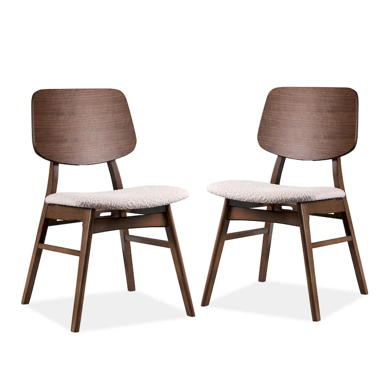 Beau | Lot de 2 chaises de salle à manger en noyer de style milieu de siècle avec assises en tissu bouclé