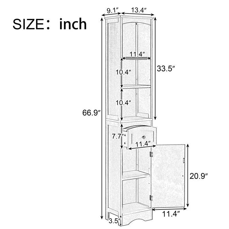 67 Armoires de rangement hautes pour salle de bain, meuble de rangement autoportant avec tiroir, porte et étagères réglables