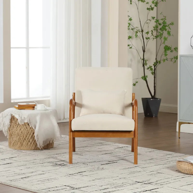 Fauteuil simple en bois avec revêtement en velours/cuir, style Mid-Century Modern, pour salon