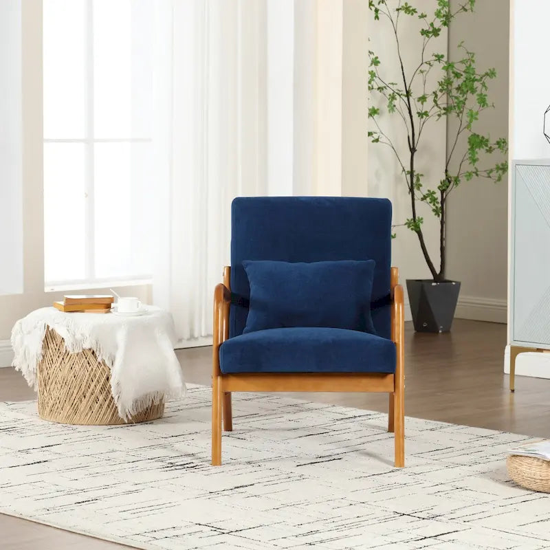 Fauteuil simple en bois avec revêtement en velours/cuir, style Mid-Century Modern, pour salon