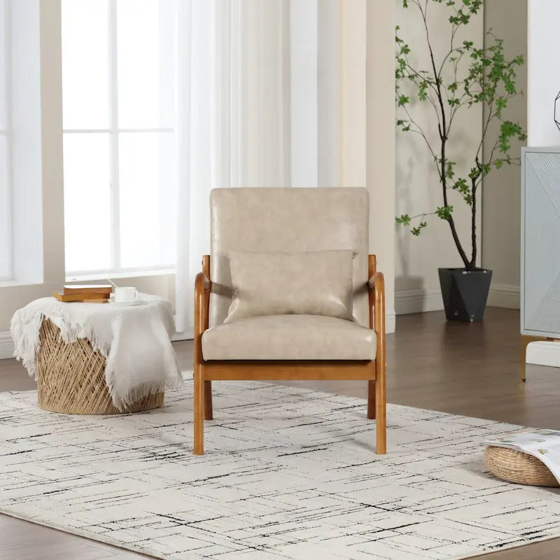 Fauteuil simple en bois avec revêtement en velours/cuir, style Mid-Century Modern, pour salon