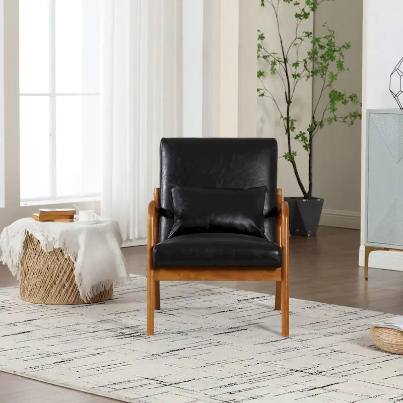 Fauteuil simple en bois avec revêtement en velours/cuir, style Mid-Century Modern, pour salon