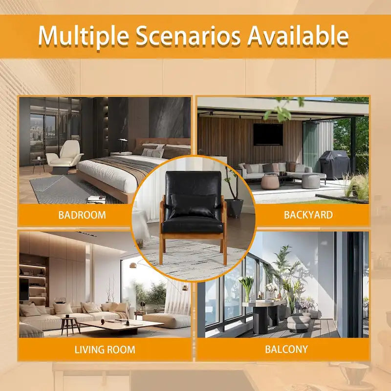 Fauteuil simple en bois avec revêtement en velours/cuir, style Mid-Century Modern, pour salon