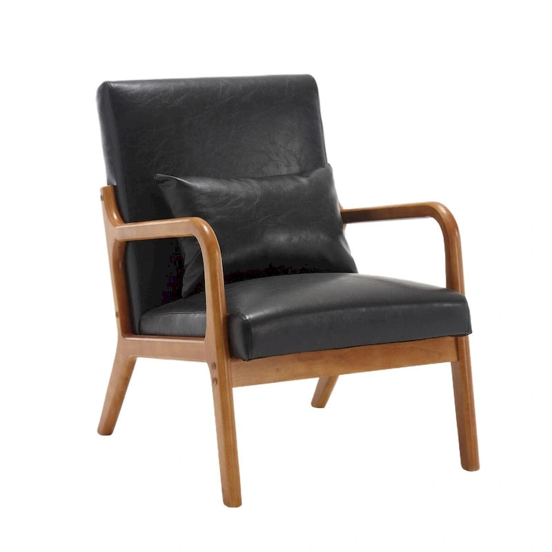 Fauteuil simple en bois avec revêtement en velours/cuir, style Mid-Century Modern, pour salon