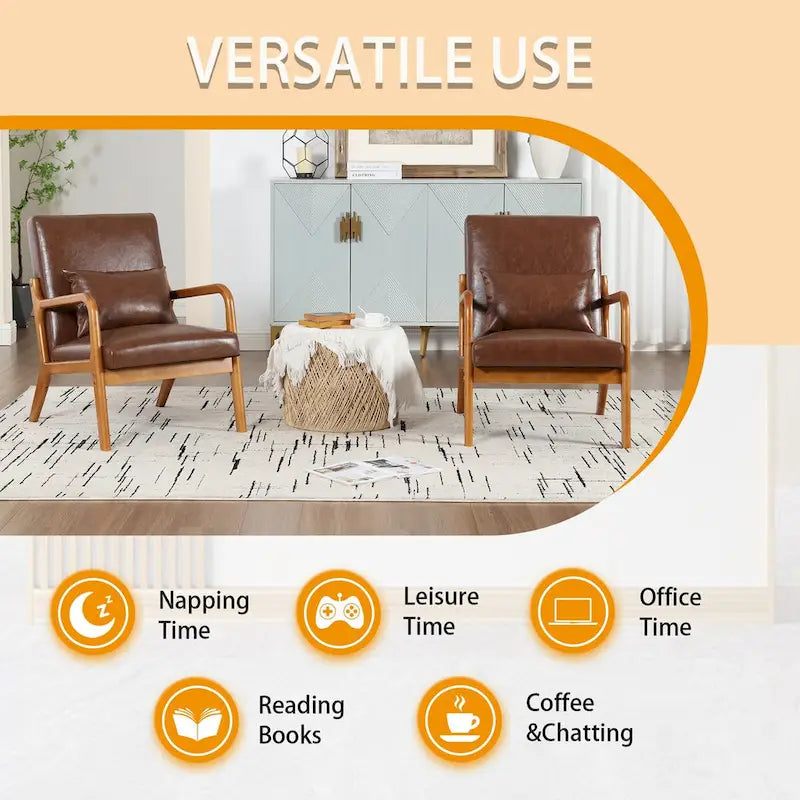 Fauteuil simple en bois avec revêtement en velours/cuir, style Mid-Century Modern, pour salon