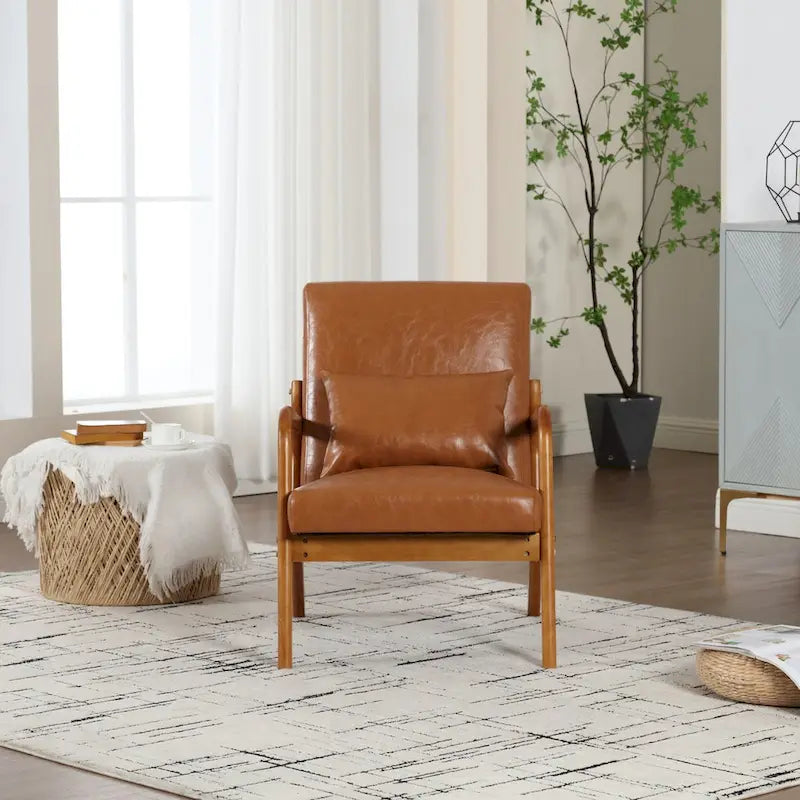 Fauteuil simple en bois avec revêtement en velours/cuir, style Mid-Century Modern, pour salon