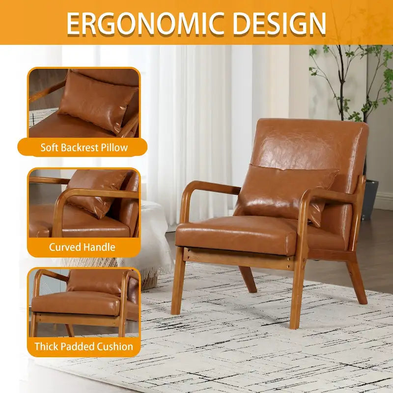 Fauteuil simple en bois avec revêtement en velours/cuir, style Mid-Century Modern, pour salon