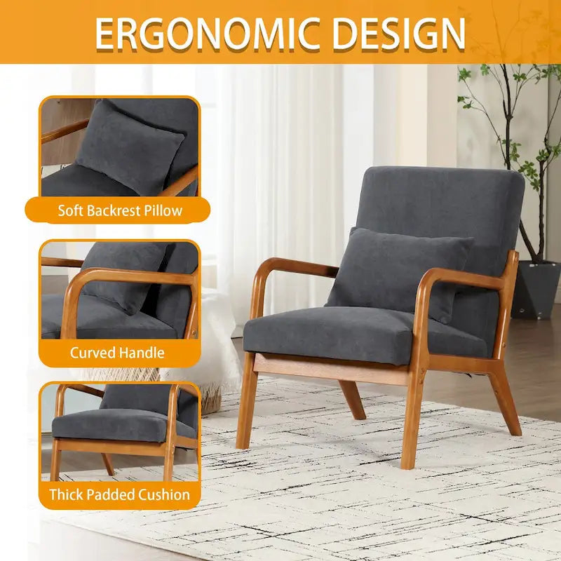 Fauteuil simple en bois avec revêtement en velours/cuir, style Mid-Century Modern, pour salon