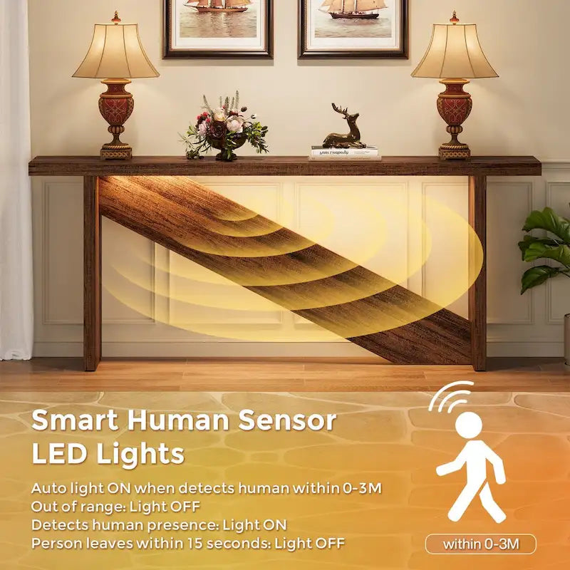 Console de 70,86 pouces de large, table d'entrée avec lumière LED à détecteur de mouvement, table de canapé étroite