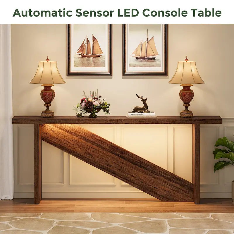 Console de 70,86 pouces de large, table d'entrée avec lumière LED à détecteur de mouvement, table de canapé étroite
